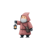 Cute character in red hooded cloak holds lantern, evoking sense of adventure and mystery. character simple design and soft colors create whimsical and charming atmosphere png