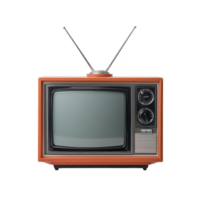 Vintage television with orange frame and antenna evokes nostalgia, showcasing retro design and classic technology. old fashioned TV set is symbol of past entertainment eras png