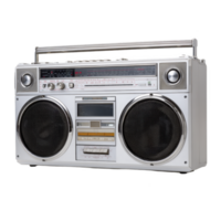 Vintage silver boombox with large speakers and handle, featuring cassette player and radio tuner, evokes nostalgia and retro vibes png