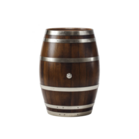 Wooden barrel with metal bands is displayed against transparency background, showcasing its rustic design and sturdy construction. barrel is typically used for storing liquids like wine or whiskey png