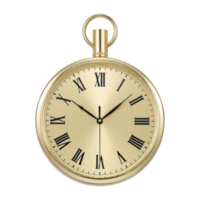 Classic gold pocket watch with Roman numerals and round face, exuding elegance and timeless style. watch features loop at top for attaching chain png