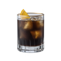 Refreshing glass of iced with slice of orange garnish, served in clear tumbler. drink is chilled with ice cubes, creating cool and inviting appearance png