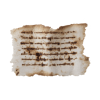 Aged parchment with faded text and burnt edges, evoking sense of mystery and history. paper appears weathered, with darkened spots and irregular borders, suggesting age and wear png