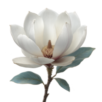Beautiful white magnolia flower with soft petals and green leaves on single stem, showcasing nature elegance and simplicity png