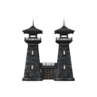 Medieval stone fortress with two tall towers and central gate, featuring dark stone and pointed roofs, evokes sense of mystery and history png