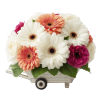 Charming arrangement of white, orange, and pink gerbera daisies and roses is beautifully displayed in small, decorative cart, creating delightful and cheerful floral centerpiece png