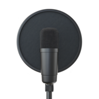 Black microphone with pop filter is set against transparency background, ideal for recording audio or podcasts. sleek design emphasizes professional audio quality png
