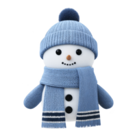 Cute snowman wearing blue knitted hat and scarf, with cheerful expression, stands against transparency background. snowman has button eyes and carrot nose png