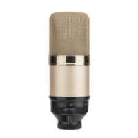 Gold and black studio microphone with mesh grille, designed for professional audio recording, stands out against transparency background. sleek design and metallic finish convey sense of quality png