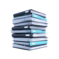 Tall stack of organized office binders and documents is neatly arranged, showcasing efficient paperwork management. binders are in shades of blue and black, symbolizing professionalism png