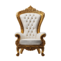 Ornate, luxurious armchair with high backrest, featuring intricate gold detailing and white tufted upholstery, exudes elegance and sophistication png