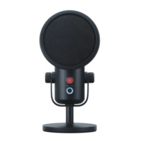 Sleek black microphone with round mesh head and adjustable stand, designed for professional audio recording and podcasting. microphone features control buttons for easy use png