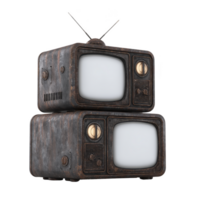 Two vintage televisions with antennas are stacked, showcasing retro design with rusty, weathered appearance. nostalgic style evokes sense of history and timelessness png