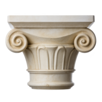 Ornate Ionic column capital with volutes and fluted design, showcasing classical Greek architectural style. stone texture and intricate details highlight its historical elegance png
