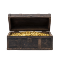 Open wooden treasure chest filled with shiny gold coins, evoking sense of adventure and discovery. chest rustic appearance contrasts with gleaming coins inside png
