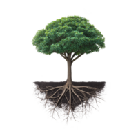 Lush green tree with visible roots extending into soil, symbolizing growth and stability. image highlights connection between tree and its foundation, emphasizing nature balance png