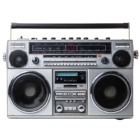 Vintage silver boombox with dual speakers, numerous control knobs, and cassette player evokes nostalgia. retro design highlights its classic appeal and functionality png