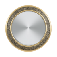 Round decorative wall mirror with ornate gold frame featuring intricate patterns adds elegance to any room. reflective surface is smooth and polished, enhancing light and space png