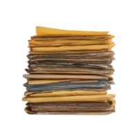 Stack of old, yellowed papers and documents is piled high, showing signs of age and wear. papers are unevenly stacked, with some edges frayed and corners bent, evoking sense of nostalgia png