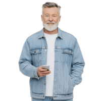 Bearded man in denim jacket holds smartphone, exuding calm and confident demeanor. casual attire and modern gadget suggest blend of classic and contemporary style png