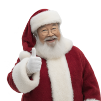 Santa Claus giving thumbs up, wearing red suit with white fur trim and matching hat, exudes joyful and festive spirit. His white beard and glasses add to classic holiday look png