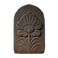 Stone carving features intricate floral design, showcasing stylized flower with detailed petals and leaves. texture of stone adds rustic charm to artwork png
