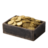 Wooden box filled with shiny gold coins, symbolizing wealth and treasure, evokes sense of adventure and discovery. coins are stacked and scattered, reflecting light png
