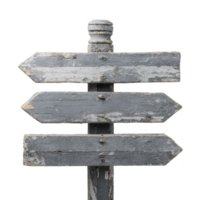 Weathered wooden signpost with three blank directional arrows, aged and rustic, stands isolated against transparency background, evoking sense of nostalgia and adventure png