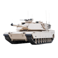 Modern military tank with beige exterior is shown, featuring large cannon and multiple antennas, designed for combat and defense png