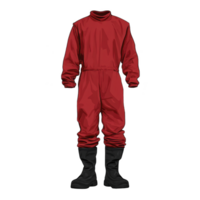 Red protective suit with black boots, designed for safety and durability, is displayed against plain background. suit features long sleeves and high collar, suitable for various environments png