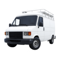 White cargo van with roof rack is parked, showcasing its utility and spacious design. vehicle is ideal for transporting goods and equipment efficiently png