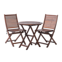 Wooden bistro set featuring round table and two folding chairs, perfect for outdoor dining or cozy patio setting. rich brown finish adds warmth and elegance to any space png