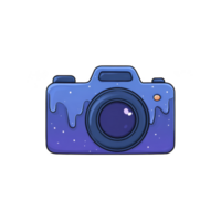 Blue camera illustration with dripping paint effect and cosmic theme creates whimsical and artistic design. camera features lens and buttons, adding playful touch png