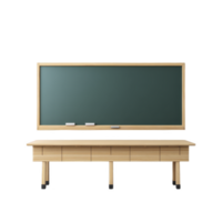 Wooden desk stands in front of large green chalkboard, creating classic classroom setting. chalkboard is equipped with chalk and eraser, ready for educational use png
