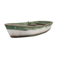 Weathered green and white wooden rowboat with rustic appearance, showing signs of age and use, isolated on transparency background png