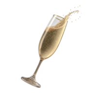 Champagne flute filled with sparkling wine, elegantly tilted with bubbles rising and liquid splashing out, creating festive and celebratory mood png
