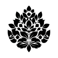 Ornate floral design with symmetrical leaves and petals, creating elegant and intricate pattern. black silhouette adds classic and timeless feel, suitable for decorative purposes png