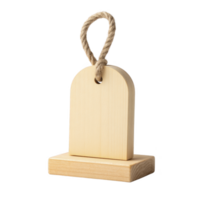 Wooden tag with rope loop is displayed, featuring smooth, light wood finish and rectangular base. tag is ideal for crafting, labeling, or decoration, offering rustic and natural aesthetic png
