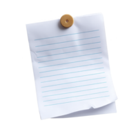 Sheet of lined paper is pinned to surface with wooden thumbtack, showing slightly crumpled texture. paper is blank, ready for notes or writing png