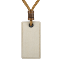 Beige fabric name tag with brown rope and wooden accent, perfect for events or conferences. minimalist design adds touch of elegance to any outfit png