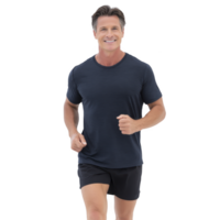Man jogging in dark athletic outfit, smiling and appearing energetic, isolated on transparency background. image conveys fitness and healthy lifestyle png