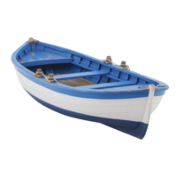 Small, rustic wooden boat with blue and white color scheme, featuring simple design and weathered appearance, evokes sense of nostalgia and adventure png