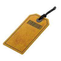 Yellow luggage tag with barcode and black strap, isolated on transparency background, is shown. tag is rectangular with rounded edges, featuring simple design png