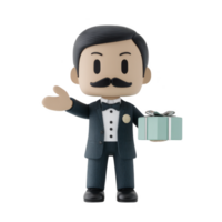 Cute cartoon character in tuxedo with mustache holds small gift box, smiling warmly. character formal attire and friendly gesture create welcoming and cheerful atmosphere png
