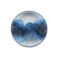 Round glass sphere contains swirling blue and black ink with gold flecks, creating mesmerizing and artistic effect. colors blend seamlessly, evoking sense of mystery and elegance png