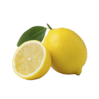 Fresh yellow lemon with cut half and green leaf on transparency background, showcasing its vibrant color and juicy texture png