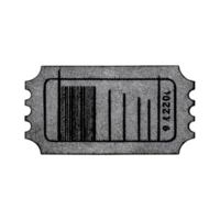 Vintage style black and white ticket with barcode and perforated edges, evoking nostalgic feel. ticket is isolated on transparent background png