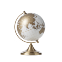 Decorative globe with gold and white design on brass stand, showcasing continents in stylish manner. Perfect for home or office decor, adding touch of elegance png