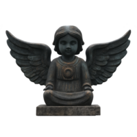 Dark stone angel statue with wings sits in meditative pose, exuding sense of calm and serenity. intricate details of wings and serene expression add to its mystical aura png