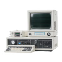 Vintage computer setup featuring CRT monitor, keyboard, and various control panels evokes nostalgia for early computing technology. retro design highlights evolution of electronics png